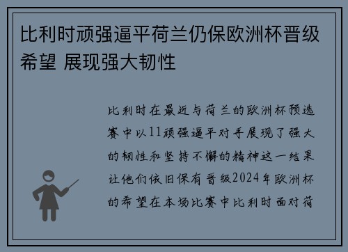 比利时顽强逼平荷兰仍保欧洲杯晋级希望 展现强大韧性 比利时顽强逼平荷兰仍保欧洲杯晋级希望 展现强大韧性