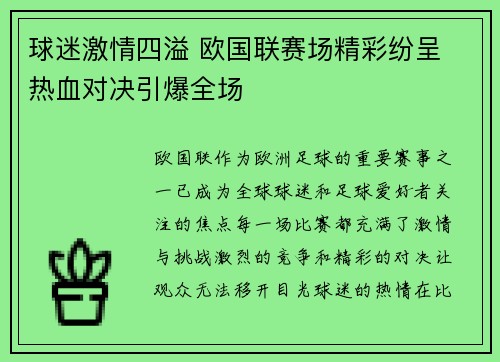 球迷激情四溢 欧国联赛场精彩纷呈 热血对决引爆全场 球迷激情四溢 欧国联赛场精彩纷呈 热血对决引爆全场