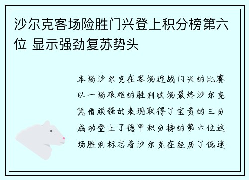 沙尔克客场险胜门兴登上积分榜第六位 显示强劲复苏势头 沙尔克客场险胜门兴登上积分榜第六位 显示强劲复苏势头