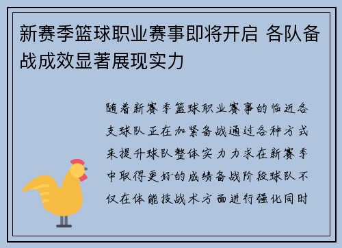 新赛季篮球职业赛事即将开启 各队备战成效显著展现实力 新赛季篮球职业赛事即将开启 各队备战成效显著展现实力