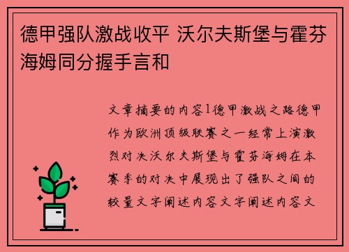 德甲强队激战收平 沃尔夫斯堡与霍芬海姆同分握手言和 德甲强队激战收平 沃尔夫斯堡与霍芬海姆同分握手言和